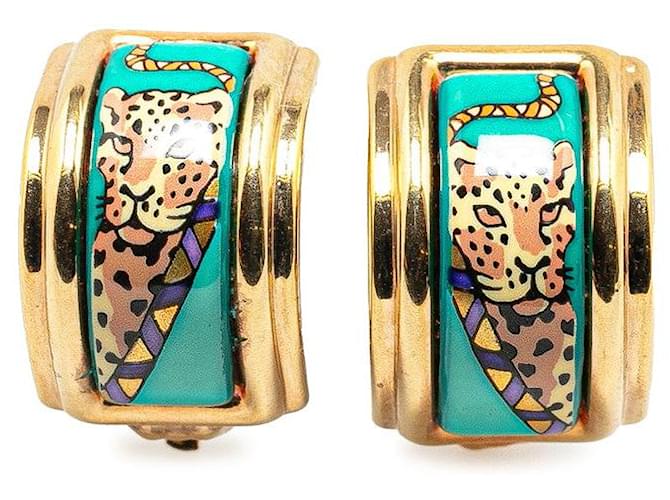 Hermès Hermes Gold Multicolor Leopard Print Earrings Clip-On/Studs in Great Condition Golden Metal  ref.1419623