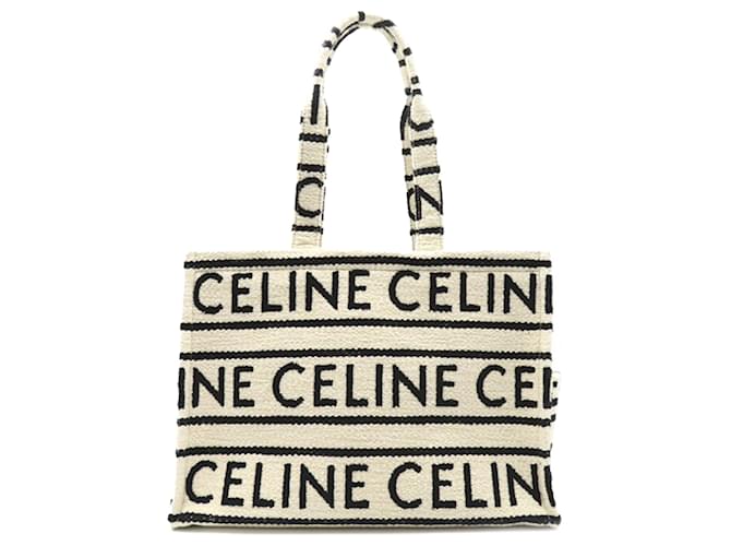 Céline Borsa grande Cabas Thais bianca di Celine Nero Bianco Tela Panno  ref.1419740