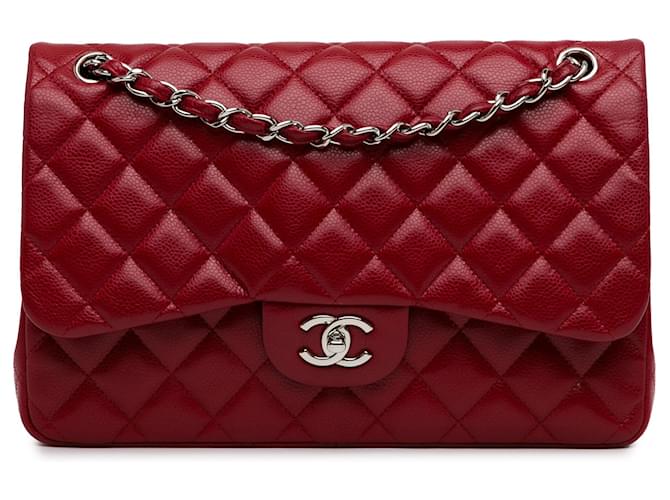 Chanel Red Jumbo Classic Caviar Aba forrada Vermelho Couro  ref.1419761