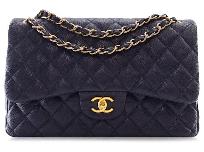 Chanel Blue Jumbo Classic Caviar Double Flap Navy blue Leather  ref.1419763