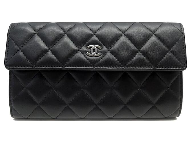 NEUF PORTEFEUILLE CHANEL TIMELESS LOGO CC EN CUIR MATELASSE NOIR WALLET  ref.1419840