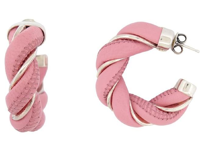 BOTTEGA VENETA CREOLES TWIST EARRINGS PINK LEATHER & SILVER EARRINGS  ref.1419856