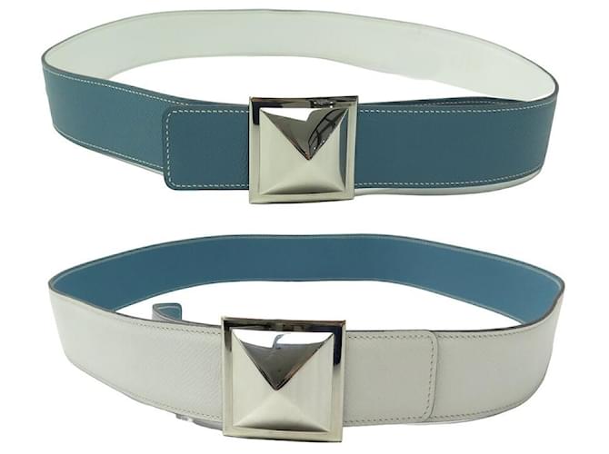 Hermès Hermes T belt90 MEDOR BUCKLE REVERSIBLE LINK EPSOM BLUE WHITE LEATHER BELT  ref.1419885