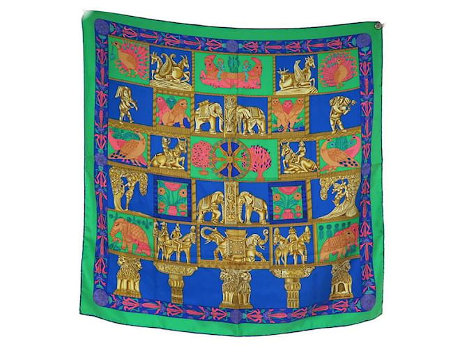 Hermès FOULARD HERMES TORANA CARRE 90 CM ANNIE FAIVRE SOIE VERTE BLEU SILK SCARF  ref.1419902