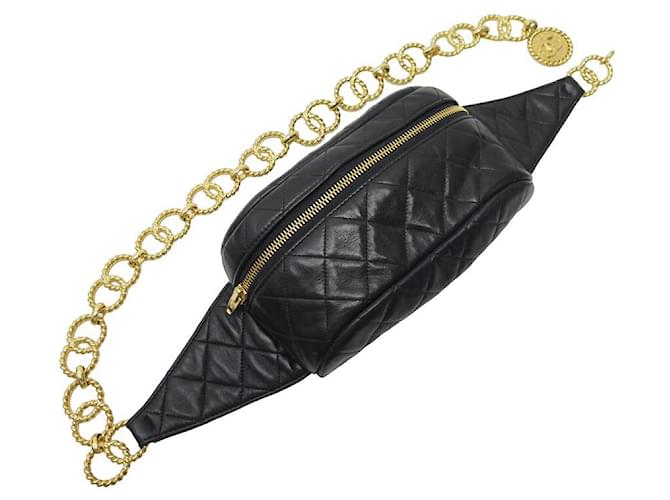 VINTAGE SAC CHANEL CEINTURE BANANE EN CUIR MATELASSE NOIR LEATHER BELT FANNY BAG  ref.1419909