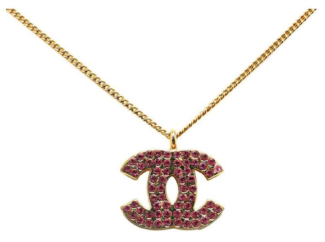 Chanel Coco Mark Rhinestone Necklace Gold Pink Plated in Very Good Condition Golden Metal  ref.1419969