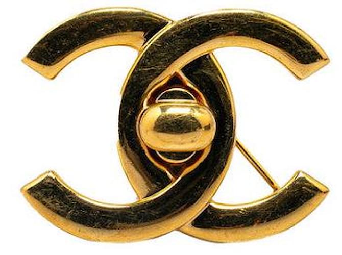 Chanel Vintage Coco Mark Turnlock Large Brooch Gold Plated in Very Good Condition Golden Metal  ref.1419994