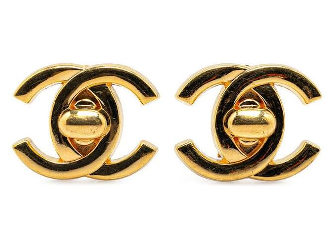 Chanel Vintage Coco Mark Turn Lock Large Earrings Gold Plated in Very Good Condition Golden Metal  ref.1420006