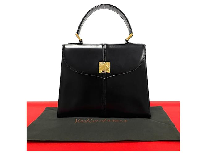 Sac à main en cuir de veau avec logo YSL vintage Yves Saint Laurent, accessoires en métal, en très bon état 33168 Noir  ref.1420038