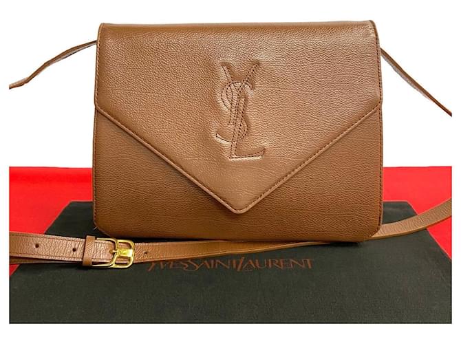 Yves Saint Laurent Bolsa de ombro com logo Stitch Bolsa de couro em bom estado Marrom  ref.1420039