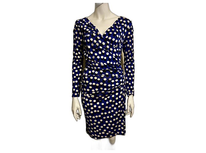 Diane Von Furstenberg DvF Bentley gerafftes Kleid mit Polka Dots Schwarz Weiß Blau