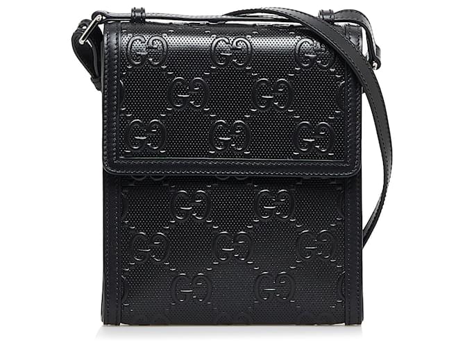 Black Gucci GG Embossed Perforated Messenger Bag Leather  ref.1420385