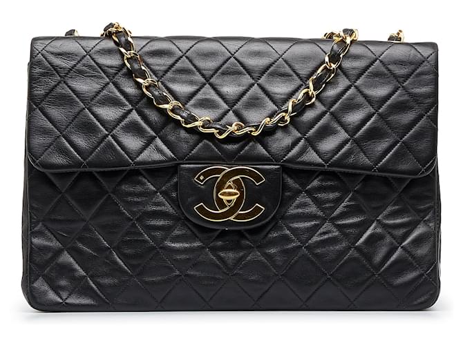 Black Chanel Maxi Classic Lambskin Double Flap Shoulder Bag Leather  ref.1420390