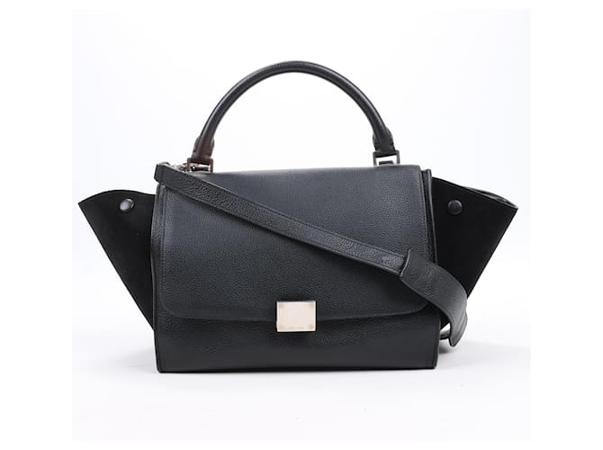 Céline CELINE Pequeno Trapézio Couro x Camurça 2way Bolsa em Preto  ref.1420410