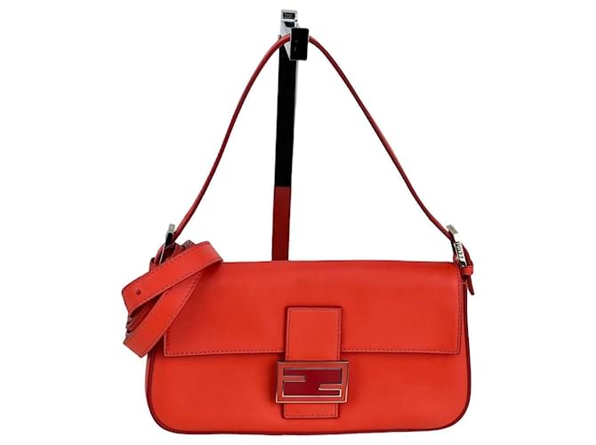 Fendi Vitello Baguette Papavero Shoulder Crossbody Hand Bag Red Leather  ref.1420606