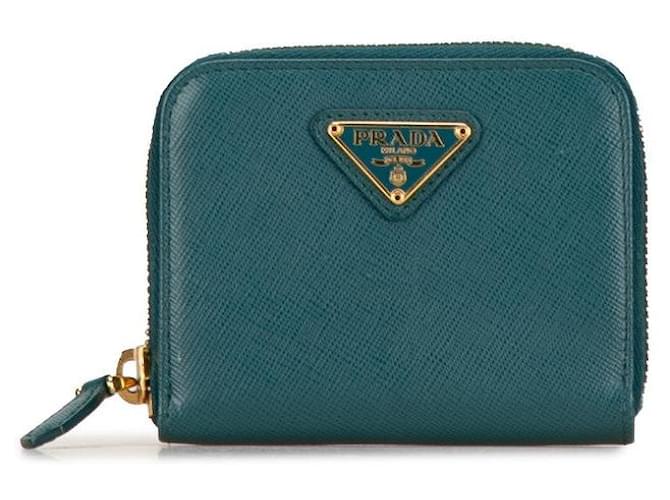 Saffiano Prada Leather Turquoise Coin Case 1M0268 in Very Good Condition Green  ref.1420910