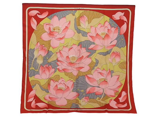 Hermès HERMES CARRE 90 Scarf �hFLEURS DE LOTUS�h Silk Red Auth bs14588  ref.1421103