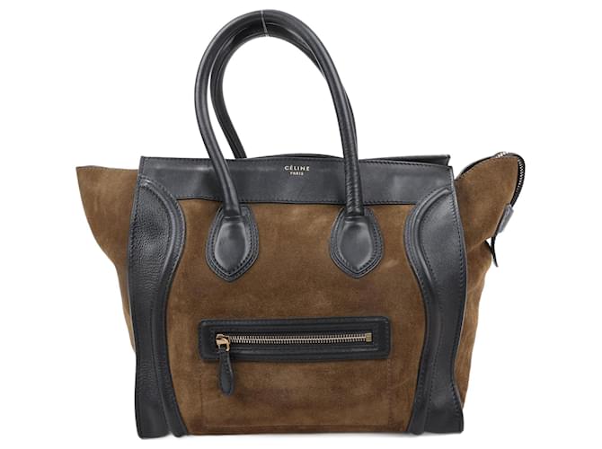 Céline CELINE Luggage Mini Leather & Suede Handbag in Black x Khaki Brown  ref.1421297