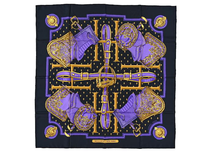 Hermès Carré 90 "SELLES A HOUSSE" 100% Silk Scarf Black x Purple  ref.1421310