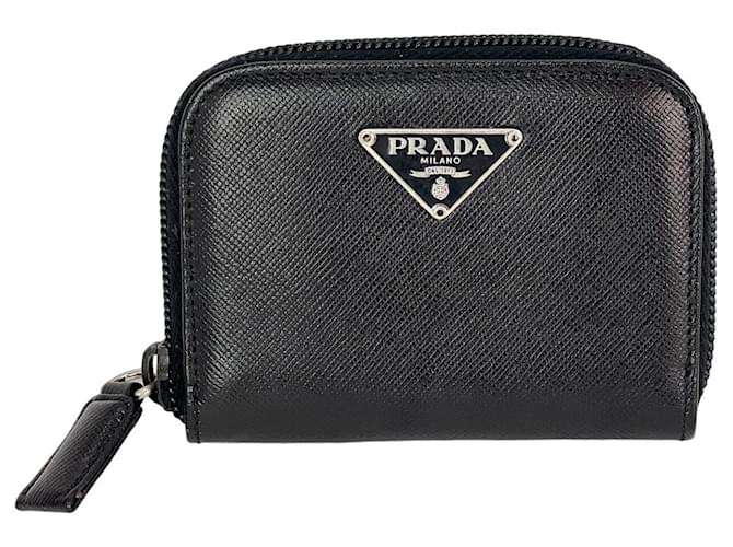 Prada Schwarze Saffiano-Leder Dreiecks-Compact-Zip-around-Geldbörse  ref.1421405