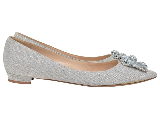 Manolo Blahnik Hangisi Ballerine in Viscosa Lurex Argento Grigio Fibra di cellulosa  ref.1421408