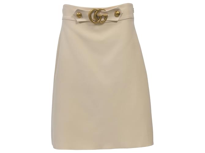 Gucci GG Buckle Knee-Length Skirt in White Wool Cream Leather  ref.1421411