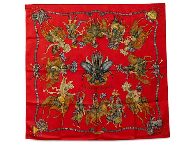 Hermès LES FÊTES DU ROI SOLEIL Célébration du Roi Soleil Écharpe en toile en excellent état Rouge  ref.1421432