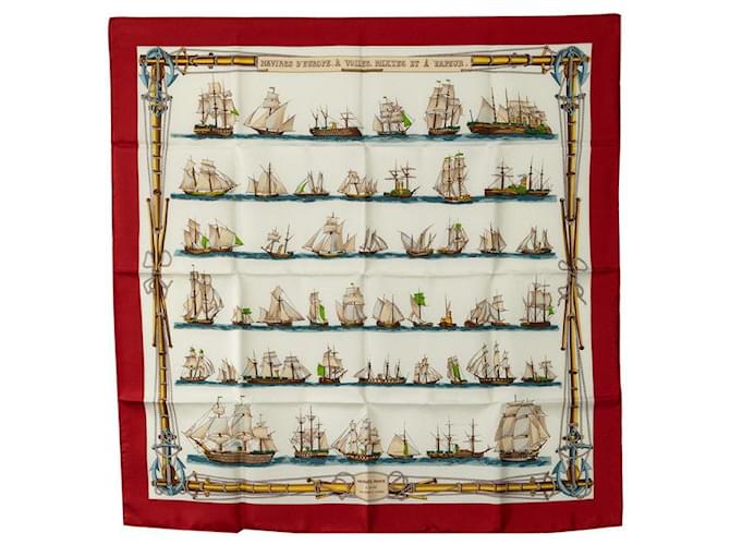 Hermès Hermes Carre 90 Navires D'Europe Voiles Silk scarf  Canvas Scarf in Good condition Red Cloth  ref.1421497