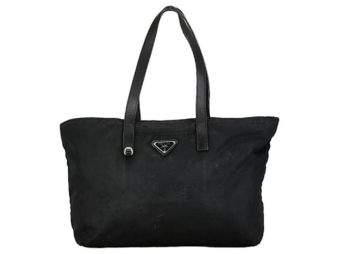 Tote Prada Nylon Leather Triangle Logo Plate Handbag in Good Condition Black Cloth  ref.1421506