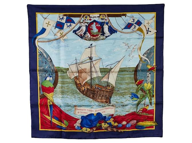 Hermès Hermes Silk Scarf 88cm x 88cm Christophe Colomb decouvre 1 Amerique 12 Octobre 1492 in Great Condition Blue Cloth  ref.1421539