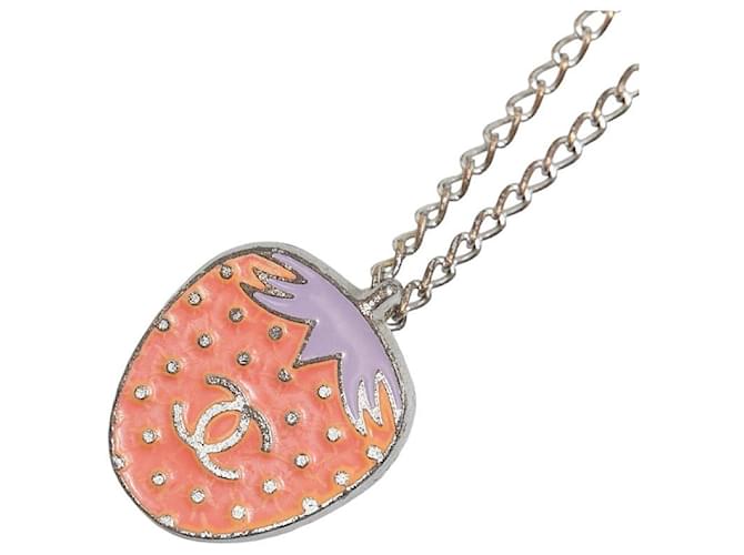 Chanel Coco Mark Strawberry Motif Necklace Silver Pink Metal in Good Condition Silvery  ref.1421540