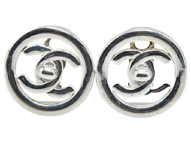 Chanel Vintage Coco Mark Turnlock Earrings Silver Metal in Very Good Condition Silvery  ref.1421543