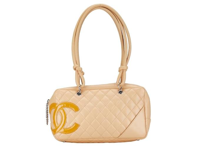 Chanel Cambon Line Leather Handbag Beige Yellow in Very Good Condition Brown  ref.1421554