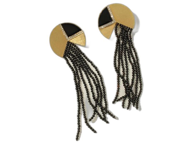 Autre Marque Orecchini Erte Cascade Art Déco in Oro 14K e Onice Nero D'oro