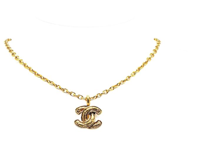 Chanel Gold Gold Plated CC Quilted Pendant Necklace Golden Metal Gold-plated  ref.1421639