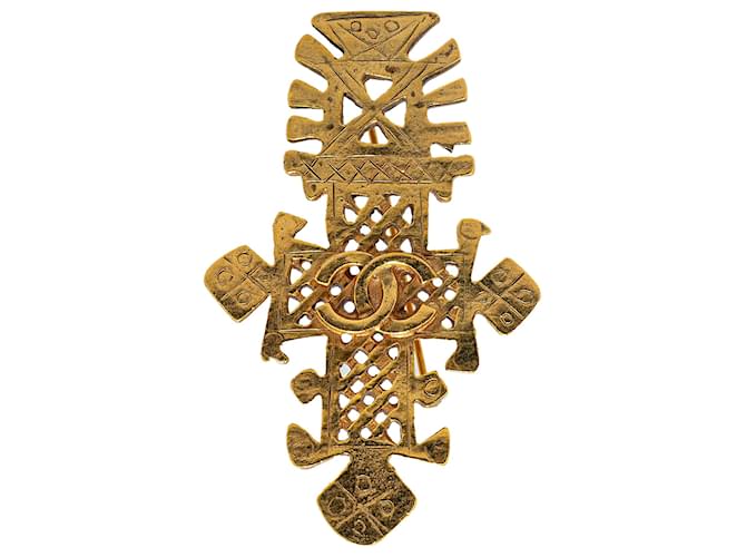 Chanel Gold Gold Plated CC Cross Brooch Golden Metal Gold-plated  ref.1421646