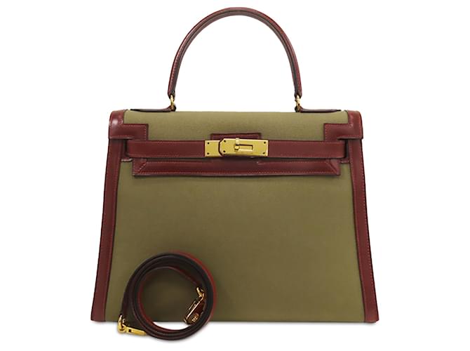 Hermès Brown Box Calf and Toile Officier Kelly Sellier 28 Dark red Pony-style calfskin Cloth  ref.1421678