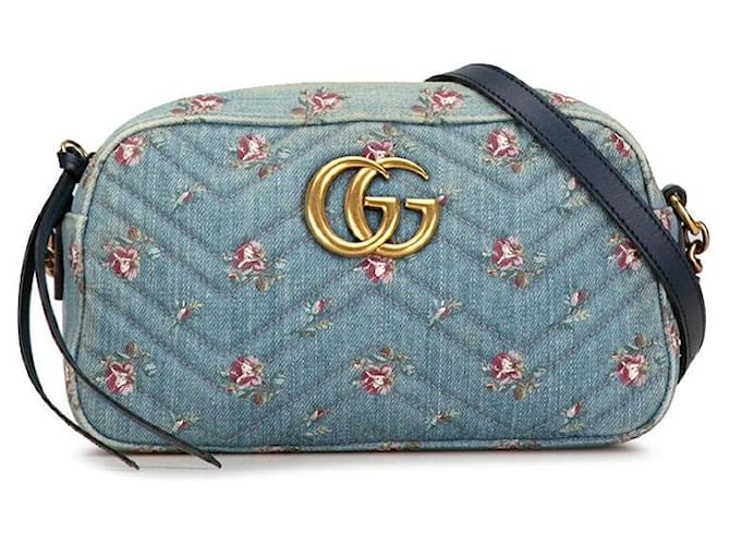 Gucci GG Marmont Quilted Flower Motif Denim and Leather Crossbody Chain Shoulder Bag 447632 in Very Good Condition Blue  ref.1421733