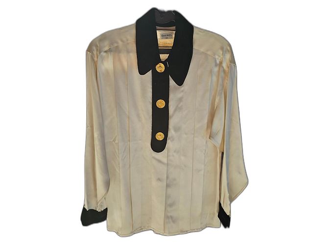 Schöne Chanel Seiden- und Samtbluse Schwarz Creme
