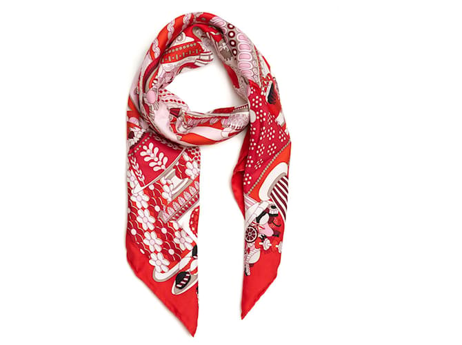 Foulard Quadrato Hermès 90 Patisserie Francaise 2019 Rosso Vivo Rosa Seta  ref.1421795