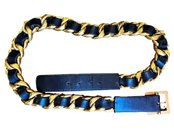 Ceinture Chanel Chaine et Cuir Noir Doré  ref.1421988