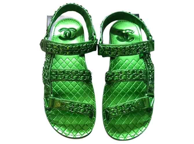 Chanel Sandals Green Leather  ref.1422017