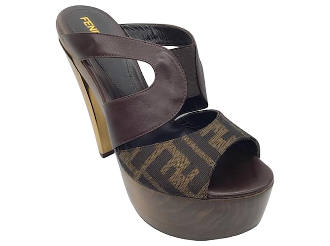 Fendi Brown FF Monogram Wood Platform Sandals Cloth  ref.1422059