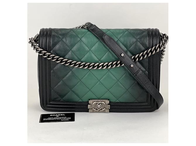 CHANEL Bag Dark Green Ombre Quilted Glazed Leather Large Boy Authentic preowned Pony-style calfskin  ref.1422083