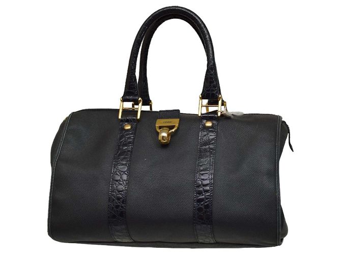 Bolsa satchel Gianfranco Ferré em lona azul e couro croco
