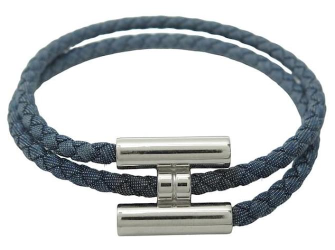 Hermès NUOVO BRACCIALE HERMES TOURNIS TRECCIA JEAN 20 CM Blu Pelle  ref.1422371