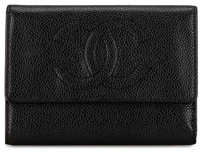 Chanel Caviar Skin Tri-Fold Wallet in Very Good Condition Black Leather  ref.1422479