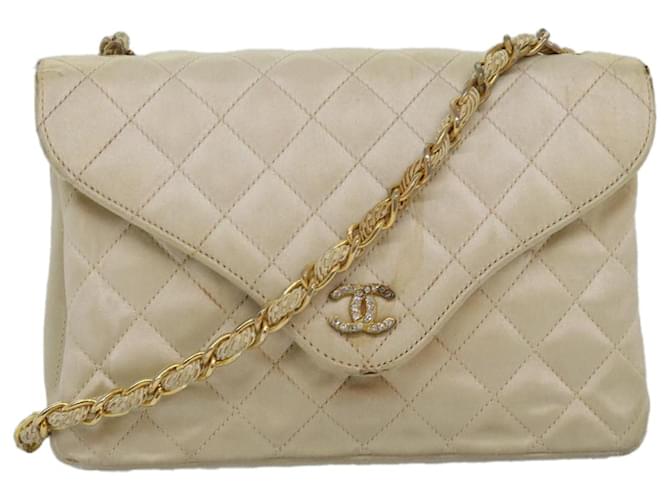 CHANEL Matelasse Chain Shoulder Bag Satin Beige CC Auth bs15109  ref.1422627