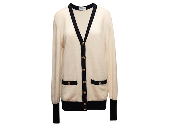 Vintage Cream & Black Chanel Cashmere V-Neck Cardigan Size US M/L  ref.1422861