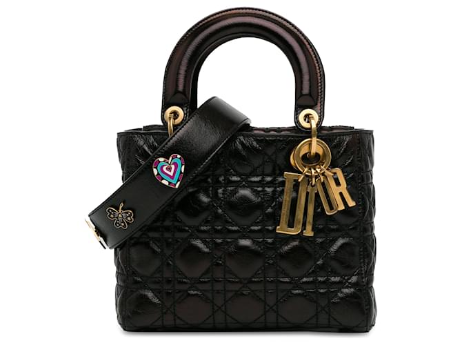 Dior Preto Pequeno Envernizado Amassado Cannage Distintivos da Sorte Minha Lady Dior Couro Couro envernizado  ref.1423175